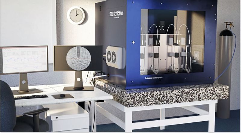 Tribologischer Prüfstand zur Messung der tribologischen und elektrischen Eigenschaften der Schichtaufbauten.(Bild:  Dr.-Ing. Max Schlötter GmbH & Co. KG)