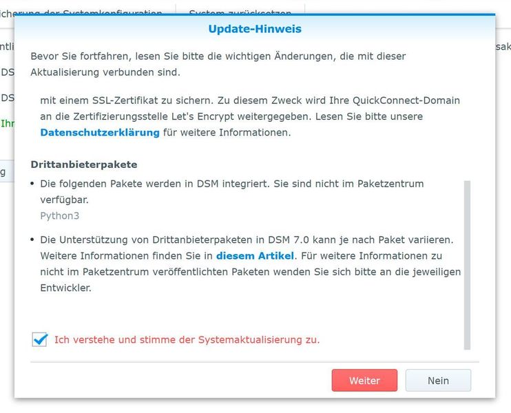 Nach dem Bestätigen der Update-Hinweise kann das NAS-System zu DSM 7 aktualisiert werden. (Joos/Synology (Screenshot))
