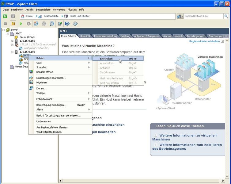 Über das Kontext Menü der virtuellen Maschine sind viele Aktionen, die eine virtuelle Maschine betreffen, direkt ausführbar. Im Bild haben wir die Option zum Starten der virtuellen Maschinen gewählt. (Archiv: Vogel Business Media)
