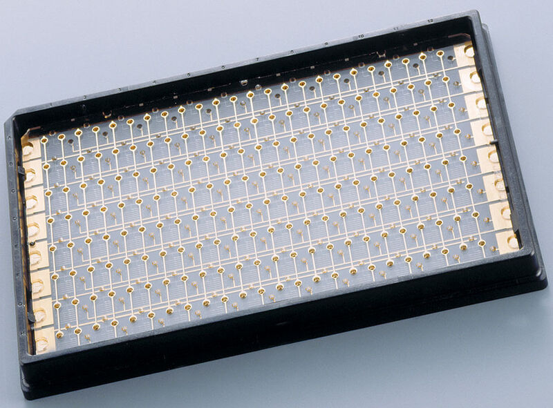 Abb.1a: Mikroplatten aus PMMA
mit 96 mikrofluidischen Kanalstrukturen
für die Kapillarelektrophorese
(CE) (Archiv: Vogel Business Media)