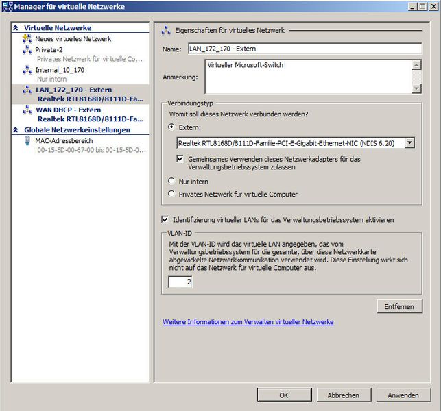 Abbildung 4: Im Manager für virtuelle Netzwerke des Hyper-V erfolgt die Konfiguration der Netzwerke für die virtuellen Maschinen. (Archiv: Vogel Business Media)