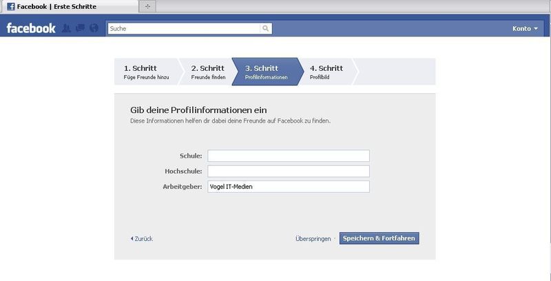 Je weniger persönliche Informationen man preis gibt, desto besser. Für das Knüpfen beruflicher Kontakte ist es aber sinnvoll, den Arbeitgeber anzugeben. Auch gegen ein Profilbild (4. Schritt) ist nichts einzuwenden. Grundsätzlich sollte man aber keine Bilder veröffentlichen, die dem eigenen Ansehen oder dem Ruf anderer Personen schaden könnten. Auch bei Facebook-Nutzung darf sich jeder auf das Recht am eigenen Bild berufen. (Archiv: Vogel Business Media)