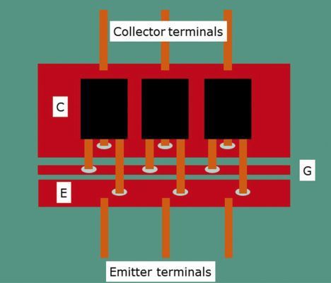 Bild 13: Drei parallele Transistoren mit Gate, Kollektor und Emitter über Leiterbahnen auf PCB verbunden. (Bild: Infineon)