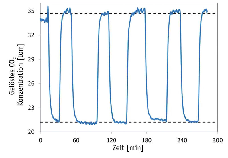 Abb. 3: Antwort des Kohlendioxid-Sensor-Spots von Presens innerhalb der mikrofluidischen Einheit, bei einer Durchflussrate von 30 µl/min. (Bild: University of Central Florida)