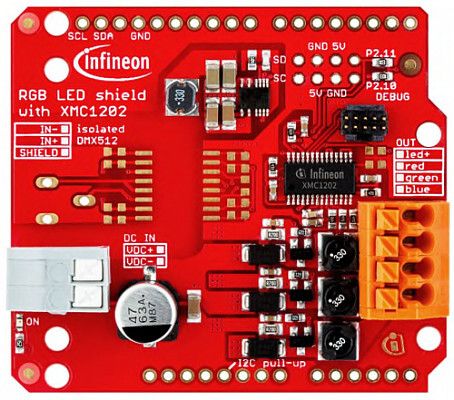 Eines der neuesten Boards des Design Centers: Infineon Lighting RGB LED Arduino Shield (Bild: Farnell element14)