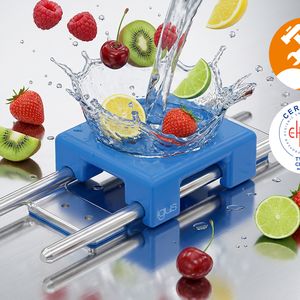 Neu im Igus-Sortiment ist auch diese Hygienic-Design-Linearführung mit einem Schlitten aus dem blauen Kunststoff Iglidur A160. Er ist PTFE-frei und PFAS-geprüft.(Bild:  Igus)