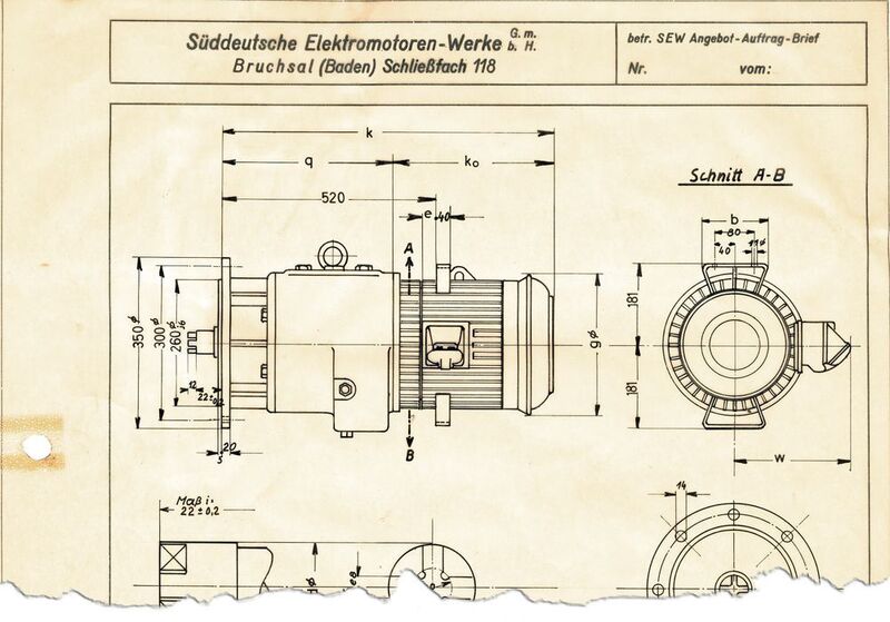 Eine Tuschezeichnung von Getriebemotoren aus den 1950ern. (SEW-Eurodrive)