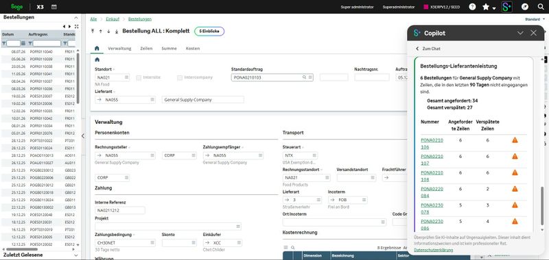Meldung von Sage Copilot: Die Lieferantenleistungsüberwachung zeigt die Anzahl verspäteter Bestellpositionszeilen an. (Bild: Sage)