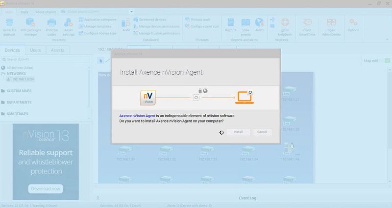 Installieren des Agenten für die Anbindung von Computern an Axcence nVision. (Bild: Joos - Axence)