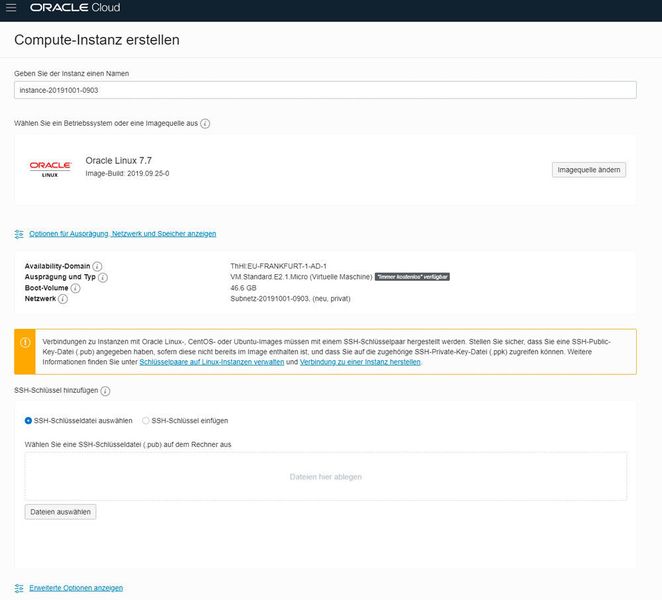 Beim Erstellen einer VM lassen sich die verschiedenen Optionen auswählen. Kostenpflichtige Optionen stehen ebenfalls zur Auswahl. Hier kann auch das zur Verfügung gestellte Budget genutzt werden. (Oracle)