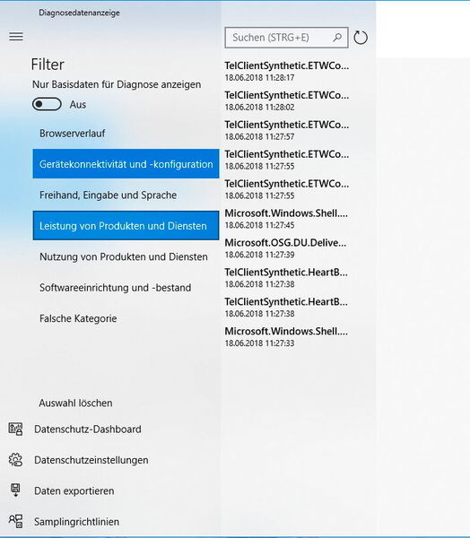 Mit der Datenschutzanzeige in Windows 10 lassen sich Diagnosedaten, die zu Microsoft geschickt werden, in Klartext anzeigen. (TH. Joos)