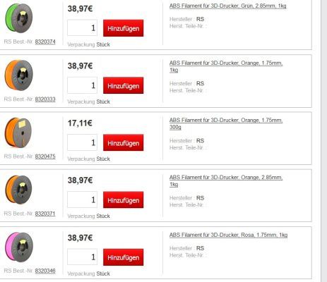 RS öffnet sich für Endkunden: Eine kleine Auswahl an Filament für 3D-Drucker (Bild: RS Components)