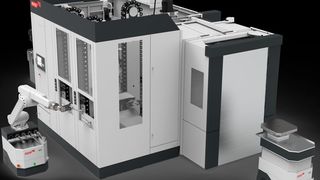 Ein „Palettenjongleur“ in Leipzig: Auf der Intec 2019 präsentiert Starrag unter anderem das Automatisierungssystem „Heckert AV@pallet“, das komplette Maschinenpaletten samt Werkstück vom zentralen Rüstplatz in einen freistehenden Palettenspeicher oder direkt zur Maschine und wieder zurück zum zentralen Rüstplatz transportieren kann. (Starrag)