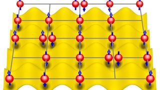 Elektronen vor dem Hintergrund des Atomgitters – die Bestandteile eines Festkörpers. Die gegenseitige Abstoßung der Elektronen sorgt dafür, dass sie engen Kontakt vermeiden. Dies behindert den Elektronenfluss, und das System kann zu einem Isolator werden. ((c) Dr. Ulrich Tutsch)
