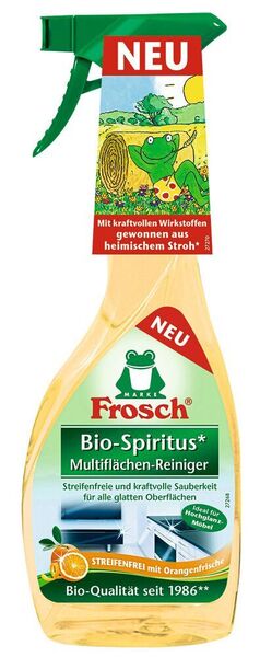Bio-Ethanol aus Agrarreststoffen ersetzt 100 Prozent des herkömmlichen Ethanol im Frosch Bio-Spiritus Multiflächen-Reiniger. (Clariant)