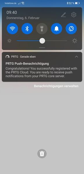 Erfolgreich eingerichtete Push-Mitteilungen unter Android. (Bild: Paessler / IT-Testlab)