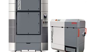 Das Hallenlüftungssystem Filtower zur Einhaltung der Reststaubgrenzwerte in Produktionshallen sowie der mobile Entstauber Dustomat 4 werden auf der Powtech 2016 in der neuen eco+ Ausführung vorgestellt.  (Bild: Esta)