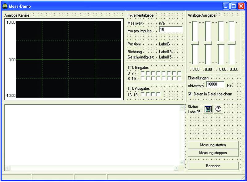Bild 1: Um die Bildschirmoberfläche für ein individuelles Messprogramm zu gestalten, bietet die Programmiersprache Borland Delphi für die Schieberegler und Buttons entsprechende Klassen. Für den X/Y-Graphen wird eine eigene Komponente verwendet. (Archiv: Vogel Business Media)