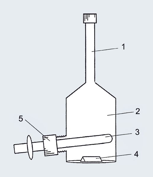 Abb.1: Schematische Darstellung des Mikroextraktionsgefäßes. 1 Steigrohr, 2 unterer Gefäßraum, 3 Glastempel, 4 Rührfisch, 5 Schraubverschluss mit PTFE-Dichtung. (Archiv: Vogel Business Media)