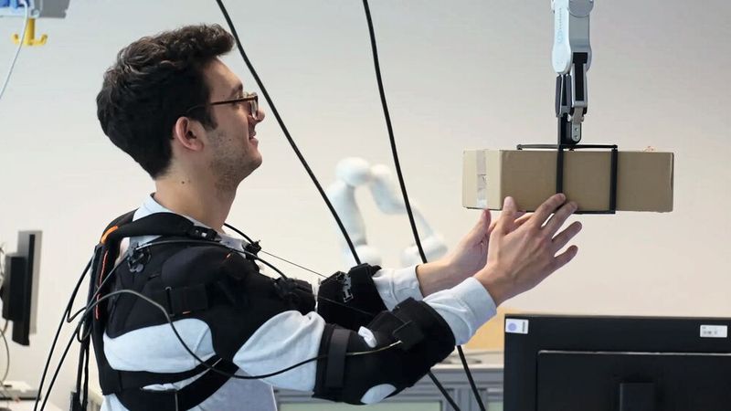 Researcher Federico Masiero receives a package from a Neura cobot. (Image:Andreas Schmitz / TUM)