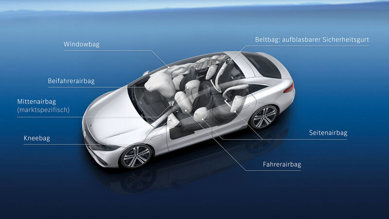Mercedes-Benz EQS, Airbagsysteme: Das erste Elektrofahrzeug der Oberklasse bietet eine Vielzahl von Sicherheitssystemen.  (Mercedes-Benz AG)