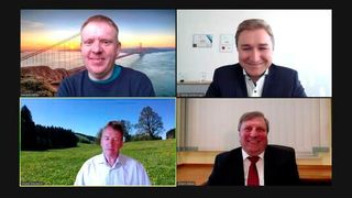 Während der Live-Webinars am 12. Mai präsentierten die Referenten Stefan Bolleininger (oben rechts) und Johann Weber (unten rechts) den Einfluss der MDR auf die Medizintechnik-Branche. Begleitet wurde das Webninar von Hendrik Härter (oben links) und Johann Wiesböck (unten links) von der ELEKTRONIKPRAXIS. (Bild: Vogel Communications Group)