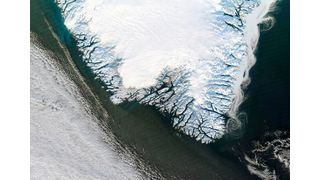 Much of the southern Greenland Ice Sheet, shown here, will melt irreversibly if we emit about 1000 gigatons of carbon, according to models in a new Geophysical Research Letters study.  (Source: NASA GSFC)