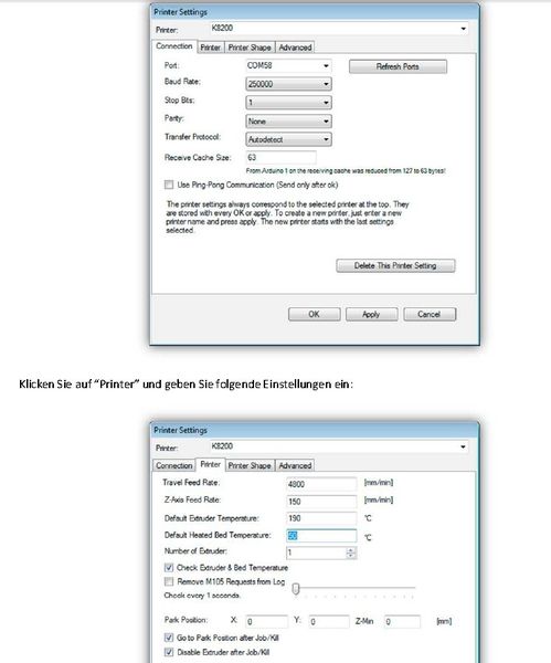 Der 3D-Drucker Velleman K8200 im Aufbau: Druckerienstellungen (Bild: Velleman nv)