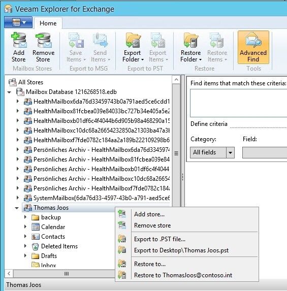 Tool 4: Veeam Explorer for Exchange kann auf Exchange EDB-Dateien zugreifen und einzelne Objekte auslesen. Administratoren können einzelne Objekte wiederherstellen. Das Tool steht kostenlos zur Verfügung und ist auch mit Exchange 2013 kompatibel. (Bild: Joos)