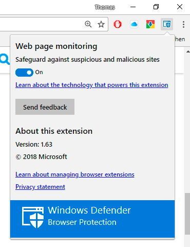 Windows Defender Browser Protection kann über ein eigenes Icon aktiviert und deaktiviert werden. (Th. Joos)