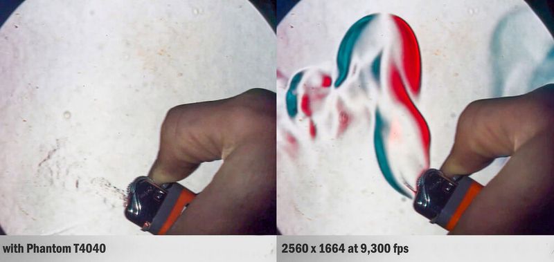 Die 4,2-MP-Bildauflösung bei der Phantom T4040 von HS Vision kann die Größe und Geschwindigkeit der Aerosoltröpfchen und der exakte Ablauf der Zündung und das Verhalten der Flamme eines Feuerzeugs eingefangen werden.  (Bild: HS Vision)