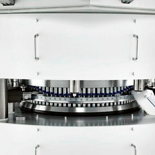 Ima’s Prexima 800 is an industrial large-scale double-side rotary tablet press equipped with an Euro-D turret hosting 53 stations and biconvex oblong Euro-D punches. (Ima)