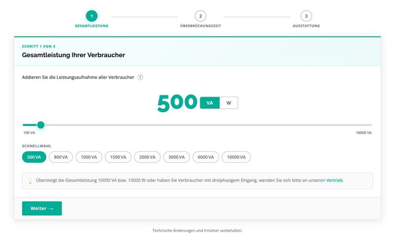 Im ersten Schritt erfolgt die Eingabe der benötigten Leistung, die das USV-System bereitstellen sollte. (Bild: Online USV-Systeme)