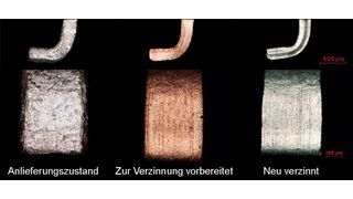 Mit dem Nova-Tin-Verfahren gelingt eine stabile Neuverzinnung von Bauteilen mit diffundiertem Kupfer. (Bilder: HTV)