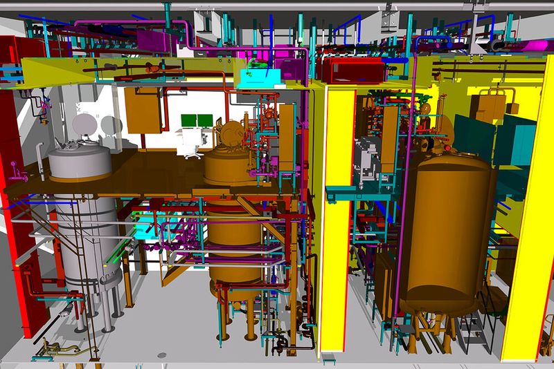 Abbildung 3: Bereiche für Lagerung und Ansatz von Puffern. Die Reinraumwände aus Sandwichpaneelen mit Vorsatzschalen sind in Gelb dargestellt. Der Reinraum dazwischen ist mit Klasse C festgelegt. Der Gebläsekonvektor im Deckenbereich ist in Hellblau dargestellt. (Bild: ZETA GmbH)