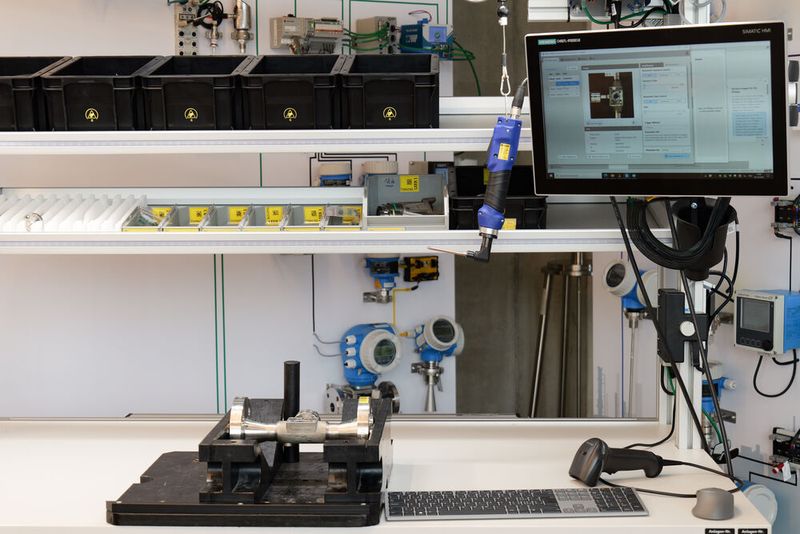 An den manuellen Montagearbeitsplätzen von Endress+Hauser befinden sich alle Vorrichtungen und Bauteile für die Montage. Die Kamera ist über dem Arbeitsplatz mit Fokus auf das Werkstück montiert. (Bild: Endress+Hauser)