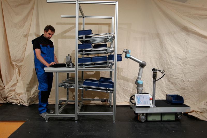 Der rob@work 3, entwickelt vom Fraunhofer-Institut für Produktionstechnik und Automatisierung IPA, integriert Komponenten für alle Teilbereiche der Servicerobotik in eine Plattform. So ermöglichen es 3D­Kamera, Stereokamerasysteme sowie zwei Laserscanner dem Roboter, seine Umgebung wahrzunehmen. Hier im Bild die Variante mit einem Leichtbauroboter von Universal Robots. (Fraunhofer-IPA)