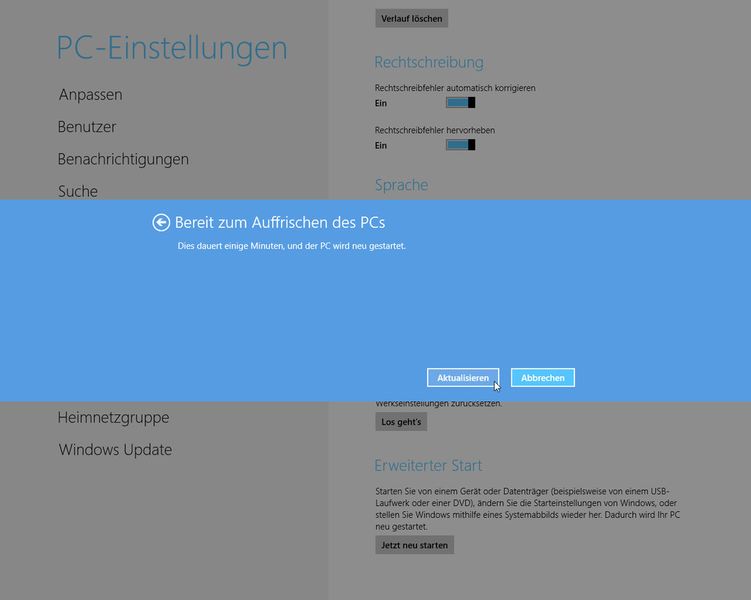 Der Refresh beginnt, sobald man auf „Aktualisieren“ klickt. (Bild: Archiv)