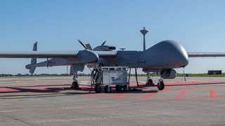 German Heron TP 92+52, a medium-weight reconnaissance and surveillance drone, is ready for its first launch in German airspace in Jagel on 8 May 2024. The flight will be carried out by Airbus DS Airborne Solutions (ADASAirbus Defence & Space Airborne Solutions). (Source: Bundeswehr/Cora Mohrdieck)