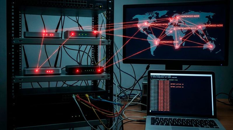 Veraltete D-Link-Router werden mithilfe einer Command-Injection-Schwachstelle kompromittiert und in das Mirai-Botnetz integriert. (Bild:  Gemini / Vogel IT-Medien GmbH / KI-generiert)