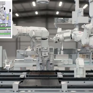 Simulation in RobotStudio (oben links) im Vergleich zum neuen RobotStudio HyperReality von ABB Robotics. (Bild: ABB Robotics)