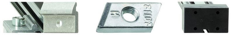 „DryLin“-Linearchsen ZLW können auf verschiedene Arten montiert werden (v.l.n.r.): Klemmelemente bieten das komfortable Befestigen der Achse unter anderem auf Aluminium-Profilen; Nutensteine ermöglichen den Einbau von drei bzw. zwei Seiten sowie das Anbringen von Sensoren und Initiatoren zur Positionierung; die stirnseitige Verschraubung weist in den Endtraversen Bohrungen für individuell geschnittene Gewinde auf. (Archiv: Vogel Business Media)