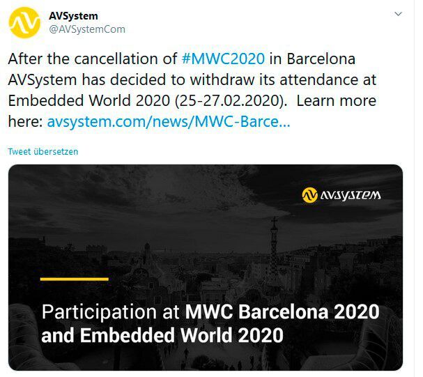 AVSystem informierte bereits am 18. Februar via Twitter über ihre Messeabsage (Bild: Twitter)