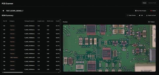 The self-scan software: It automatically recognizes and classifies components, including a preview and exportable parts list.(Image: Eigenblue GmbH)