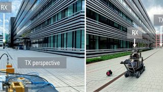 Die 6G-Technik schreitet voran! So hat Rohde & Schwarz in München die winkelaufgelöste Terahertz-Kanalmessungen im Freien durchgeführt. Die Messsysteme befinden sich dabei in einer Art Straßenschlucht am Hauptsitz des Unternehmens. Lesen Sie, was das Ganze soll ... (Bild: Rhode & Schwarz)