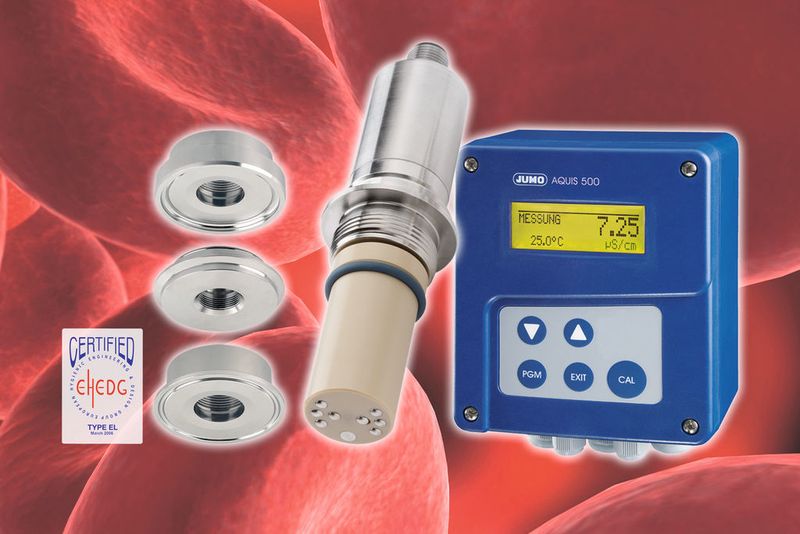 Leitfähigkeitsmesszelle (Mitte) mit Jumo Peka Adaptersystem (links) in Kombination mit Messumformer/Regler (rechts) – die Vier-Pol-Technik deckt dabei mit einem einzigen Messinstrument einen breiten Prozessbereich ab. (Jumo)