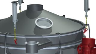 Diese externen pneumatischen Deckheber sollen für einen schnellen und einfachen Siebwechsel sorgen und verringern somit Rüst- und Stillstandzeiten.  (Bild: GKM Siebtechnik)