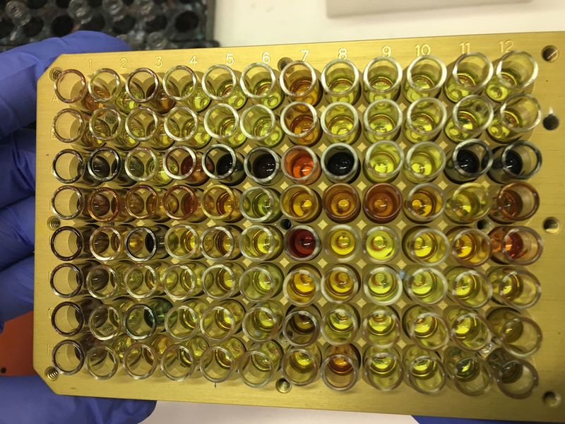 The team of researchers led by Frank Glorius uses photocatalysts and visible light for the selective cleavage of sulphur-sulphur bonds. The colour of the reaction mixture after the reaction can give a first indication of the products formed (the photo shows a plate with different reaction mixtures).  (WWU/Michael Teders)