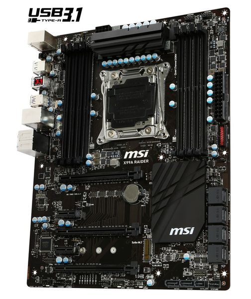 Das MSI X99A Raider gehört zur etwas günstigeren Classic-Serie von MSI. Aber auch diese Sockel-2011-3-Platine ist mit USB 3.1, M.2-Steckplatz für PCIe-SSDs und einer Fülle weiterer Schnittstellen ausgestattet. (Bild: MSI)