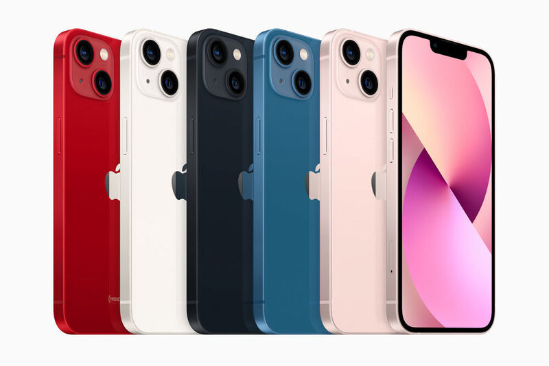 Die Farbpalette des iPhone 13 und 13 mini: (PRODUCT)RED, Polarstern, Mitternacht, Blau und Rosé (Apple)